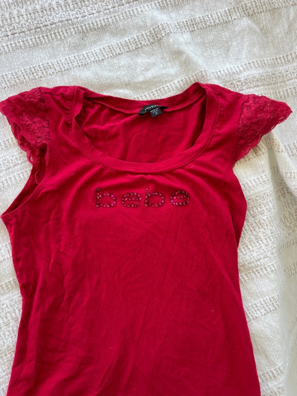bebe Red Rhinestone Lace Sleeve Tee